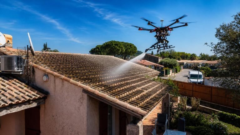 Toiture en cours de nettoyage par Drone Cleaner à Antibes