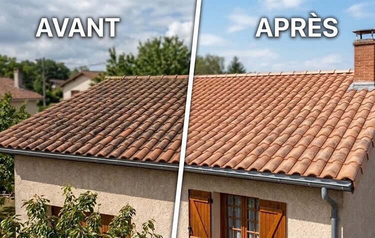 Comparaison avant et après le nettoyage d'une toiture par Drone Cleaner